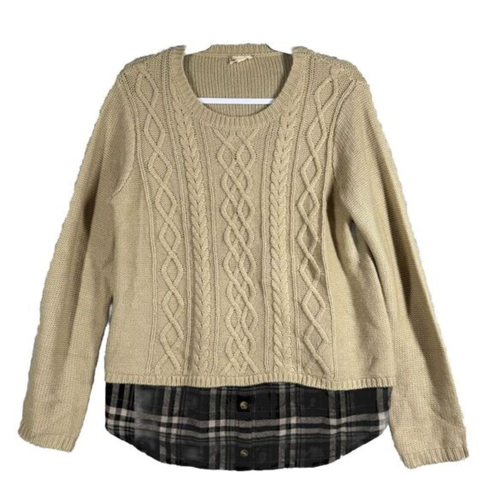 Hem & Thread Womens Sweater Large Cable Knit Elbow Patch Plaid‎  Embellished